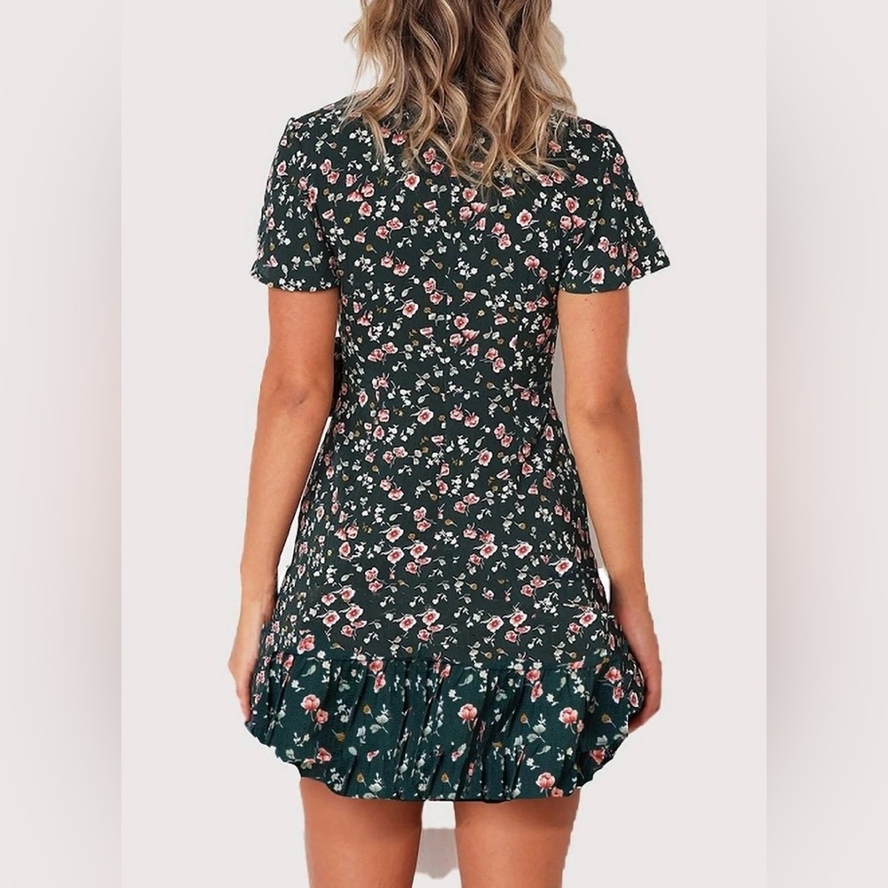 Green Floral Wrap Dress with Ruffle Hem – Short Sleeve Boho Mini Dress Sz S EUC - Picture 2 of 11